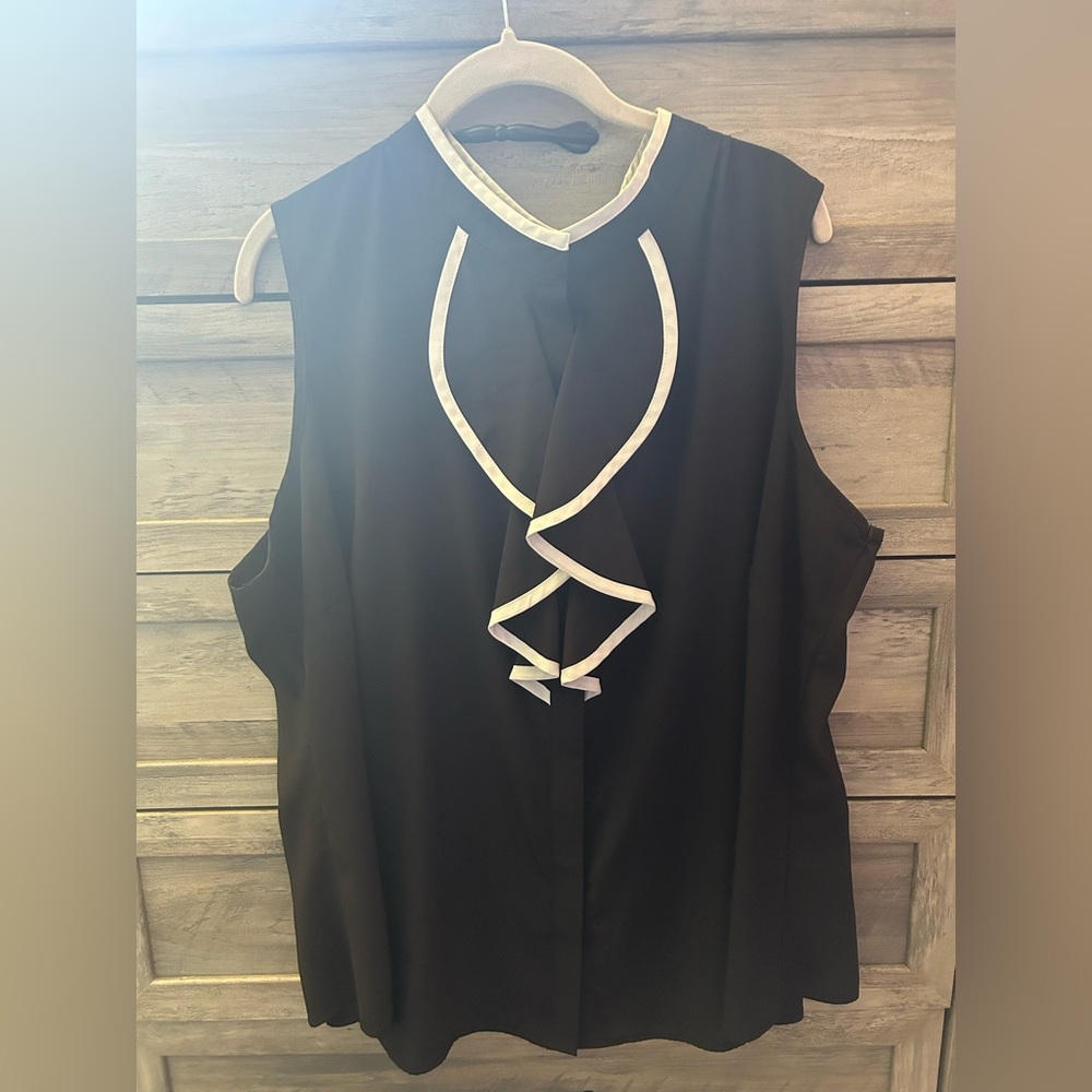 Calvin Klein Black and White Ruffled Sleeveless Blouse